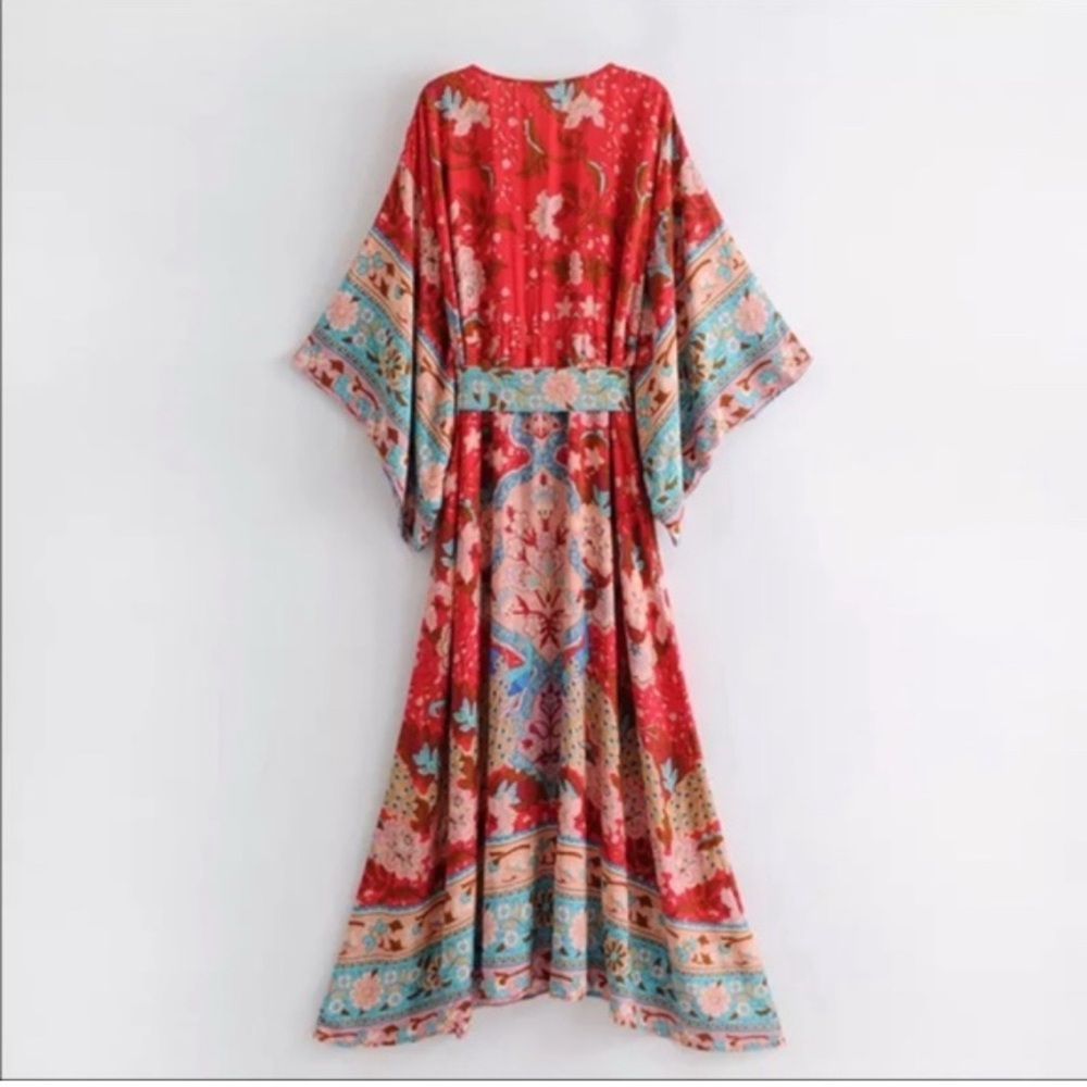 Boho Kimono Style Floral Red and Blue Maxi Dress